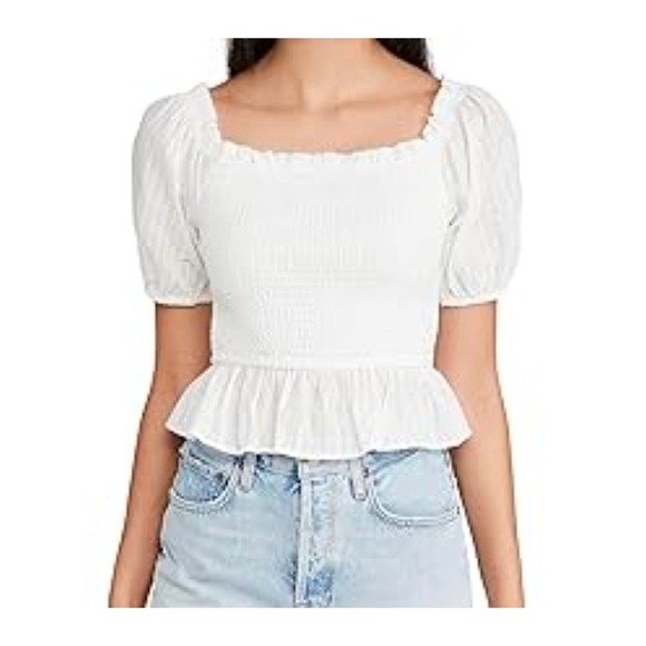 Lost + Wander Tops - Lost + Wonder Coconut Vine White Smocked Babydoll Top Puff Sleeve Cottagecore XL